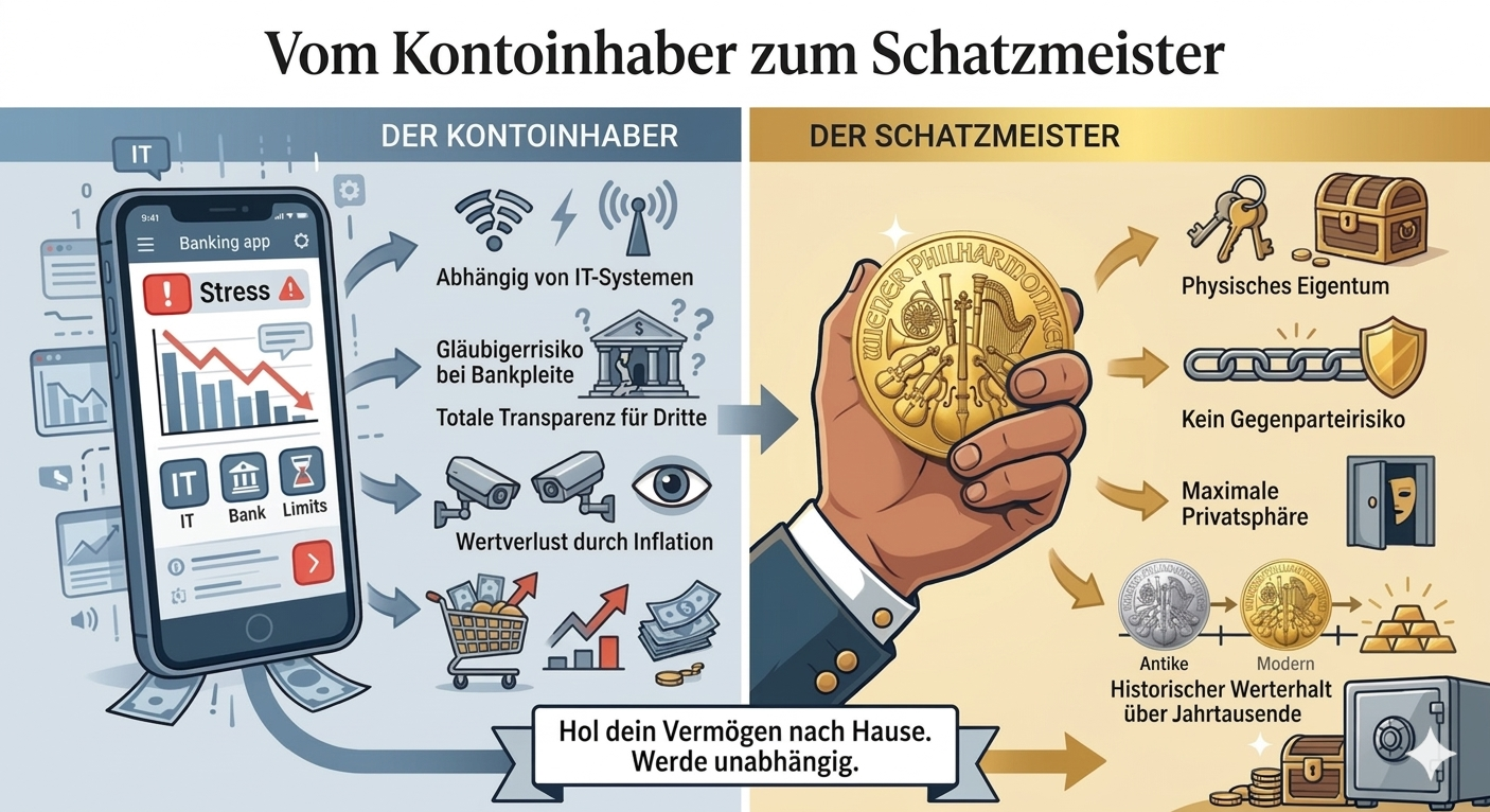Grafik über den Wandel vom Kontoinhaber zum Schutznehmer mit finanziellen Symbolen.