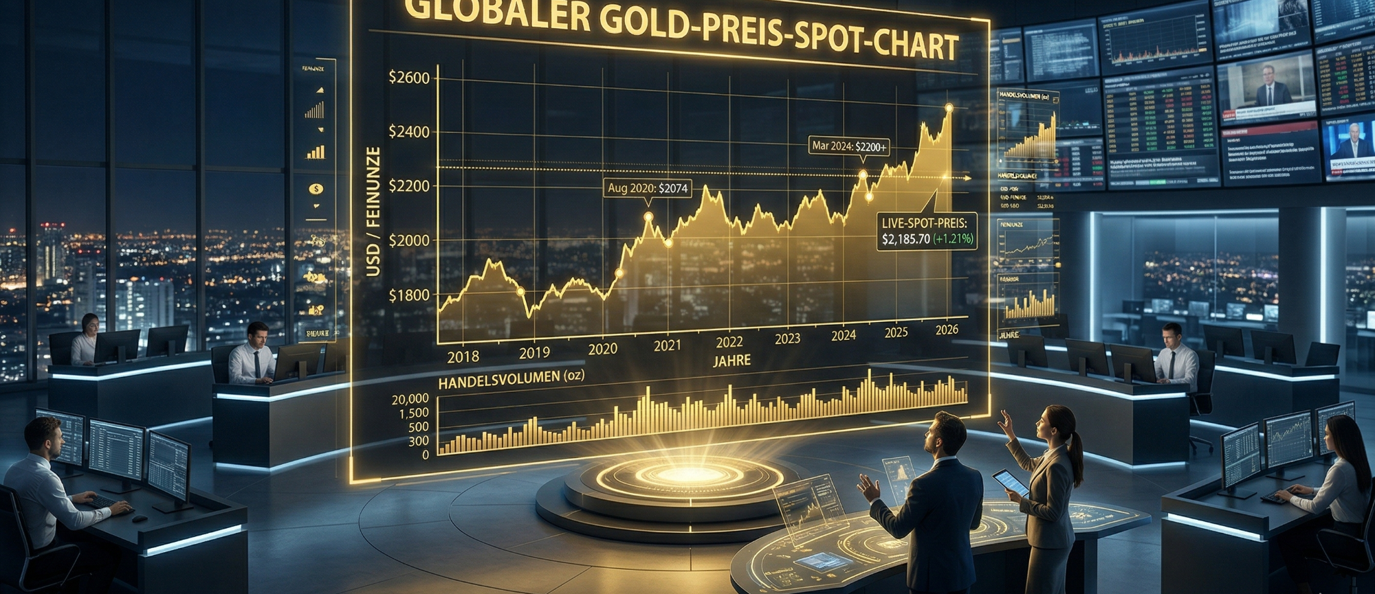 Ein modernes Büro mit Analysten, die einen Goldpreischart und Markttrends beobachten.
