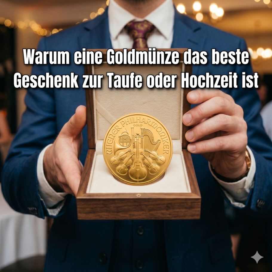 Lektion 54. Mann in Anzug hält eine Goldmünze in einer Geschenkbox.