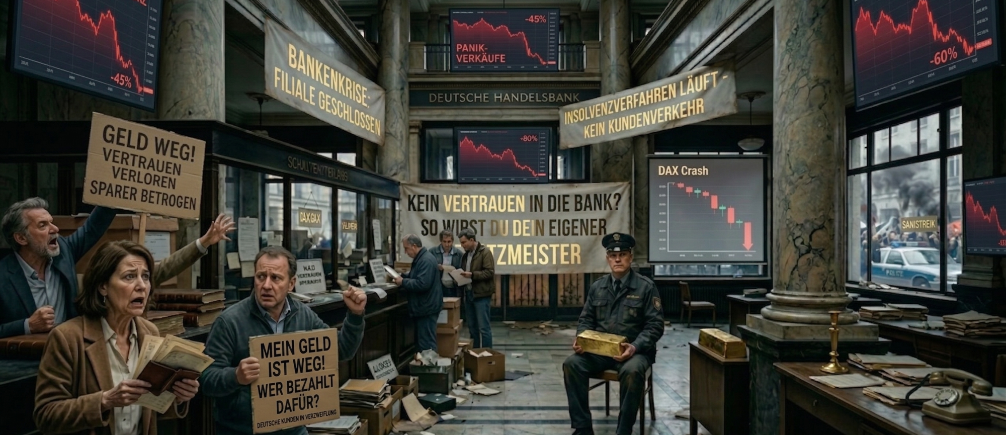 Eine belebte Börsenhalle mit enttäuschten Anlegern und fallenden Kursanzeigen.