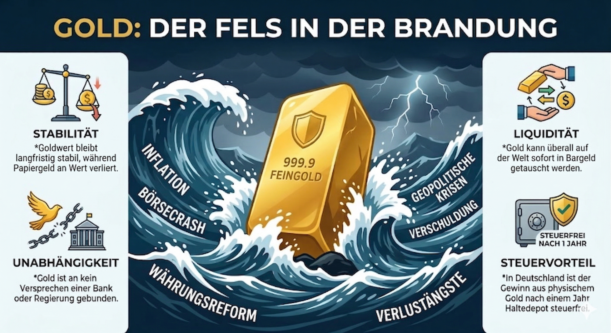Goldbarren umgeben von Stürmen symbolisiert Stabilität und Sicherheit in unsicheren Zeiten.
