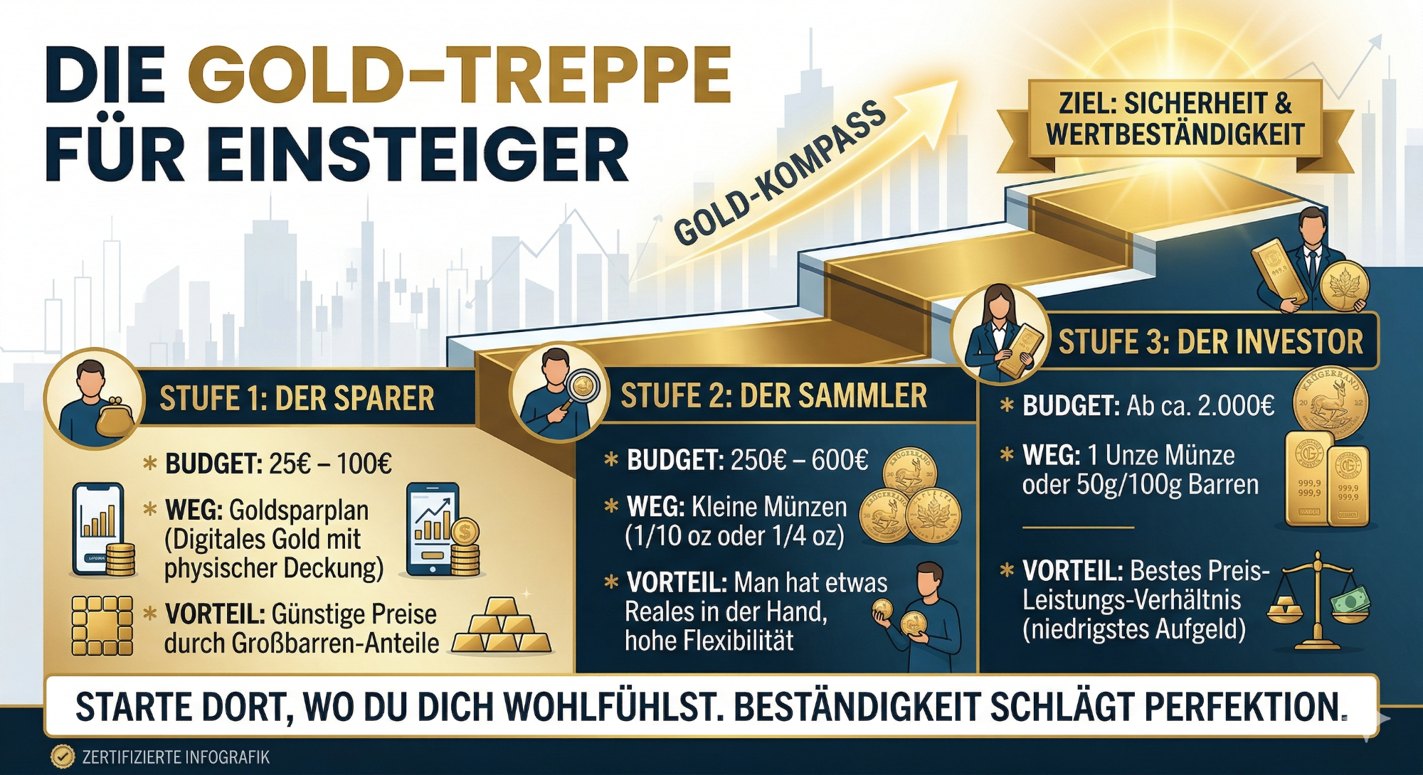 Junge mit Smartphone, Diagramm zu finanzieller Gelassenheit und psychologischen Aspekten. 