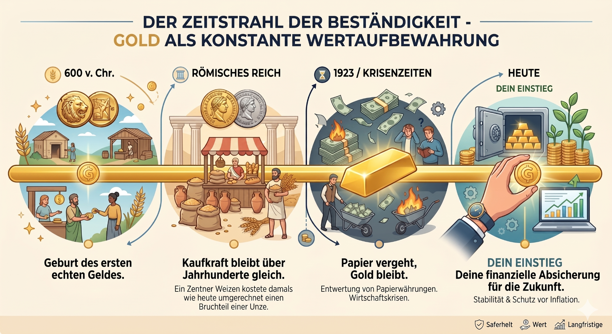 Der Zeitstrahl der Beständigkeit - Gold als Konstante Wertaufbewahrung Infografik über Gold als konstante Wertaufbewahrung durch verschiedene historische Epochen.