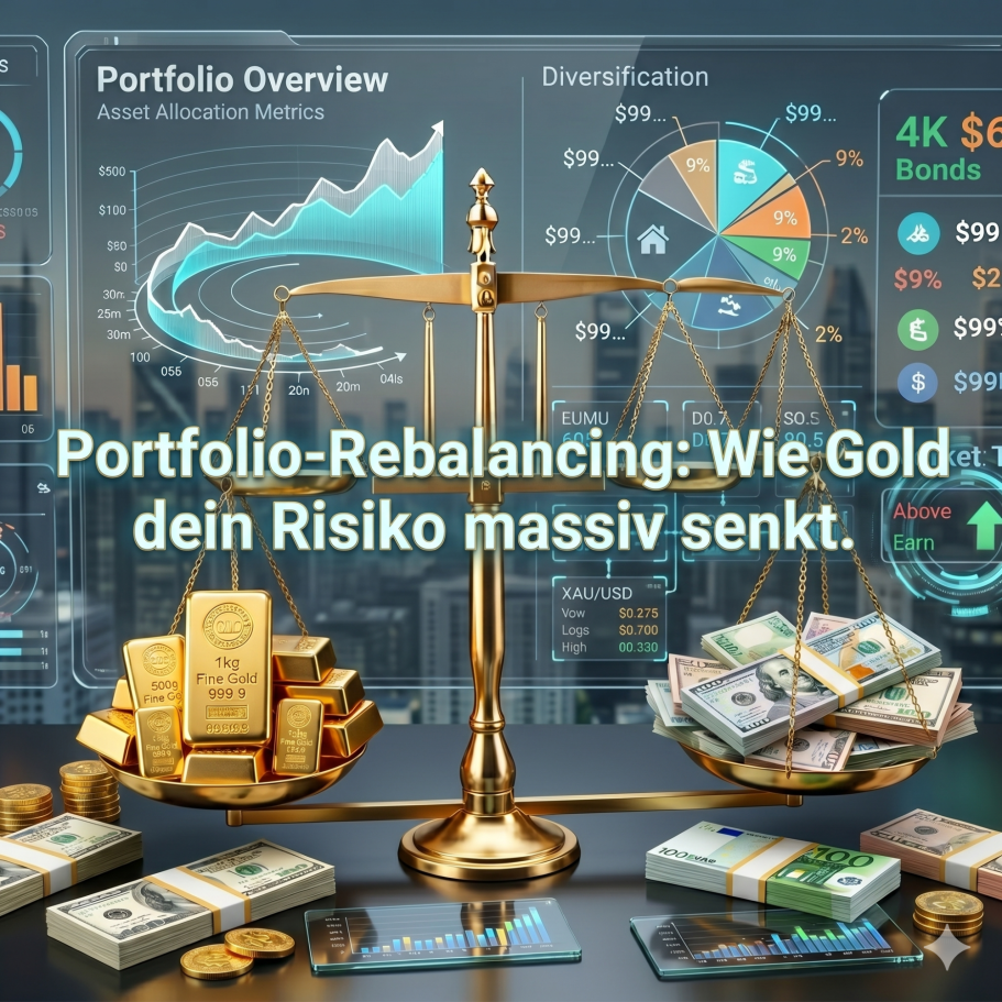 Lektion 36. Grafik zur Portfolio-Überansicht mit Gold und Geldscheinen auf einer Waage.