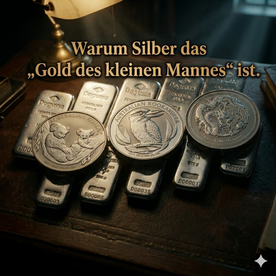Lektion 38. Vier Silberbarren mit Prägungen und der Text über Silber als "Gold des kleinen Mannes".