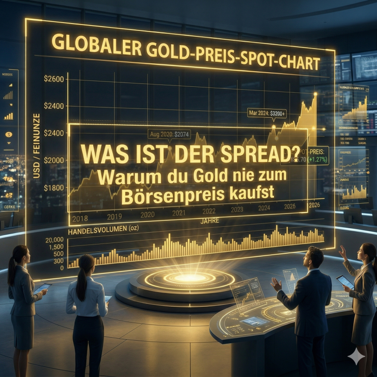 Grafik mit Goldpreistrends und Erklärung zum Spread an einer modernen Börse.