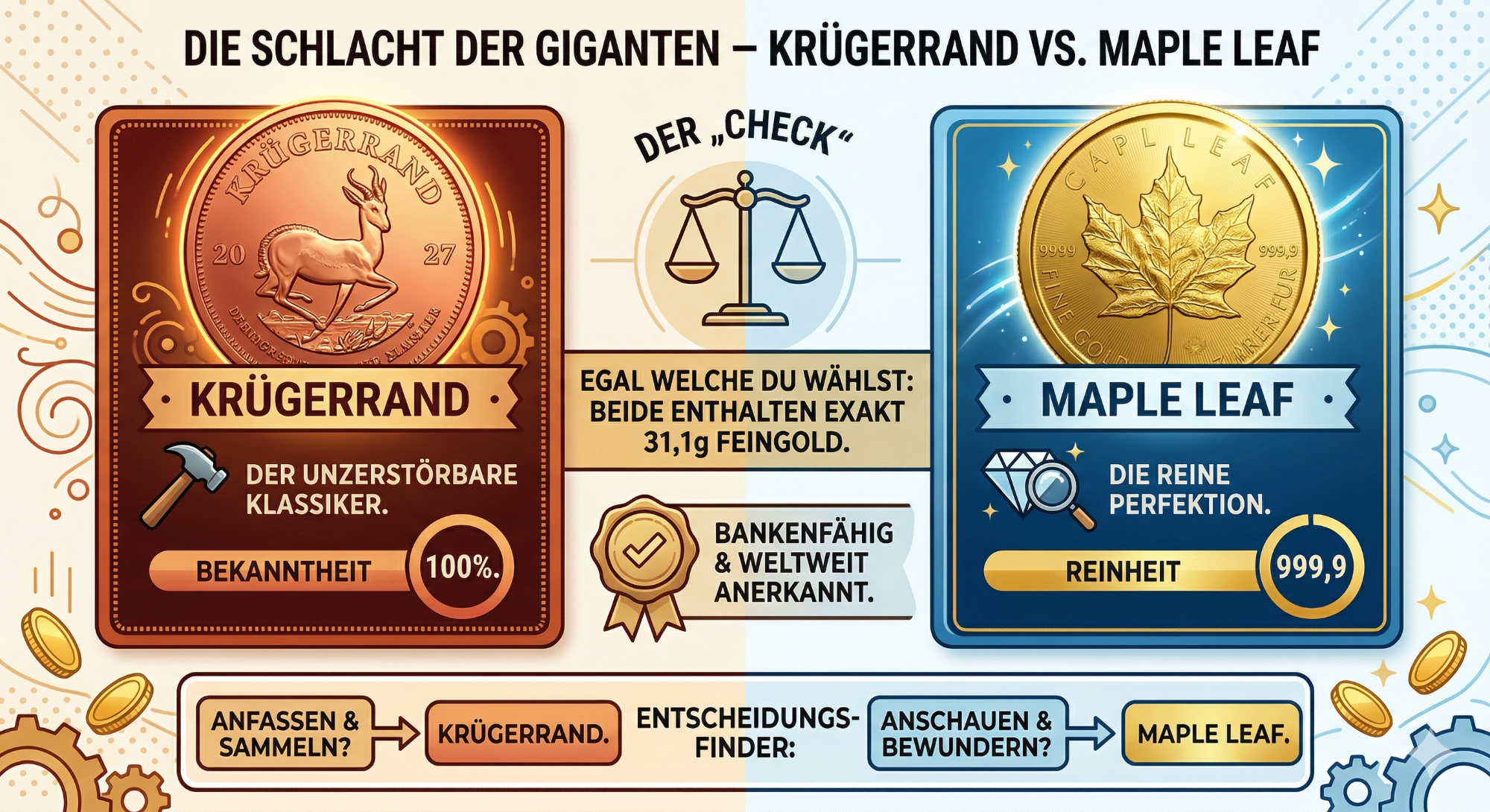 Vergleich von Krügerrand und Maple Leaf mit Medaillen und Gewichtsangaben.