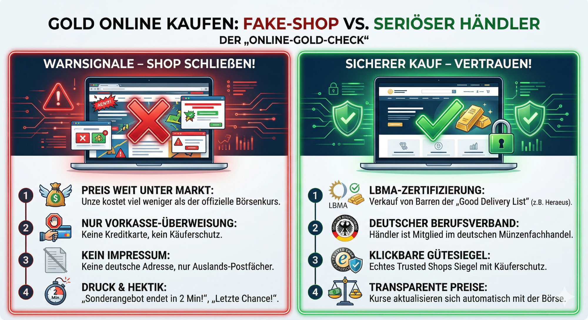 Vergleich zwischen Fake-Shops und seriösen Händlern beim Goldkauf, mit Warnzeichen und Tipps.