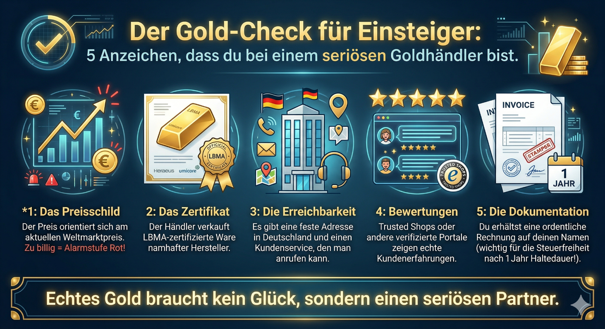 Grafik mit Informationen zum Gold-Handel für Einsteiger, inklusive Tipps und Bewertungen.