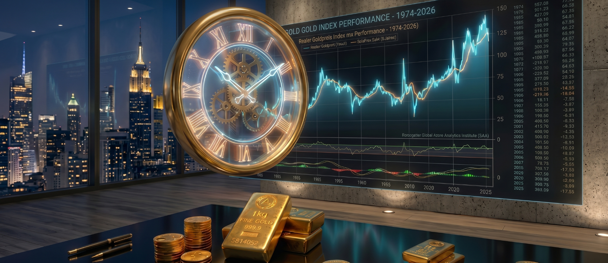 Wann sollte man Gold kaufen? Wand mit einem großen Uhrensymbol und Finanzdiagramm, goldene Balken im Vordergrund.