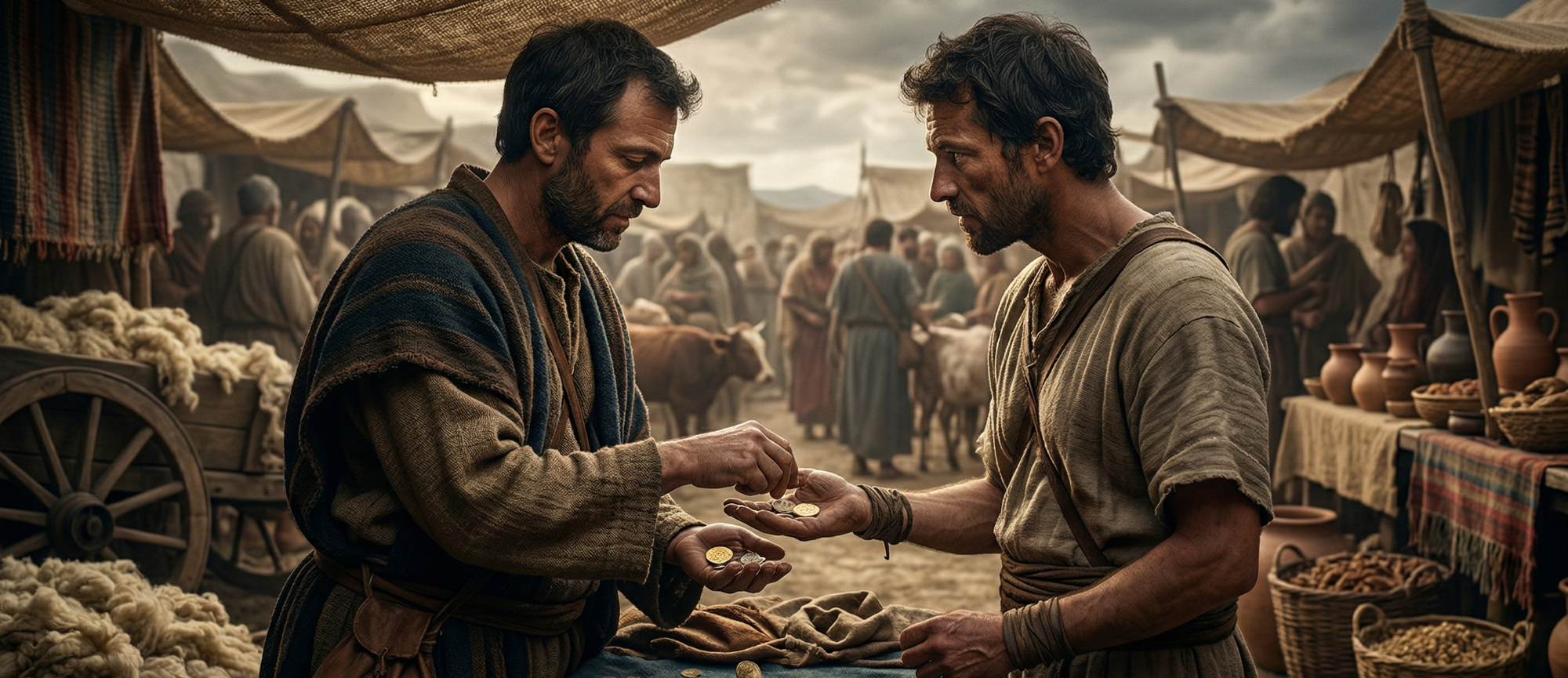Zwei Männer handeln auf einem belebten Markt mit Waren und Gold als Zahlungsmittel.