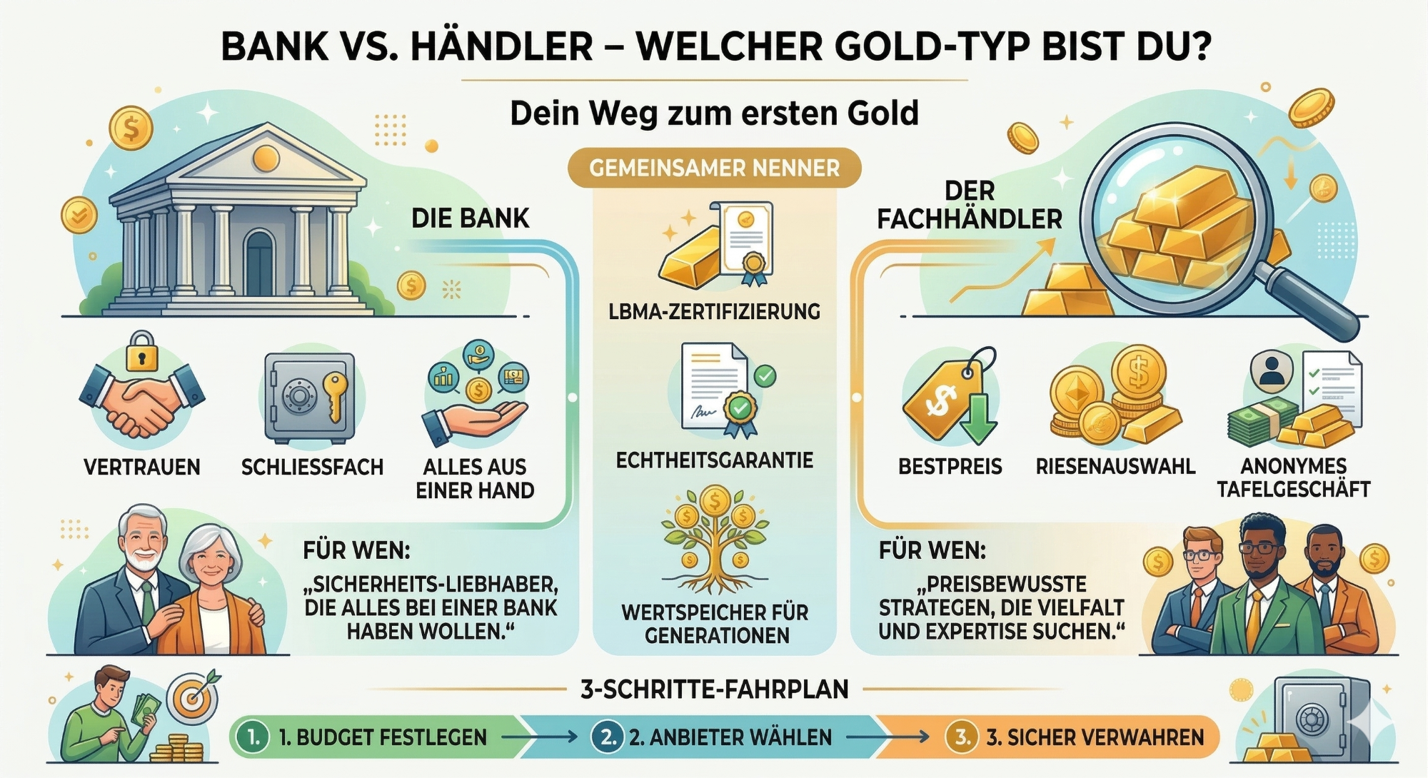 Vergleich zwischen Bank und Händler für den Erwerb von Gold mit Icons und Informationen.